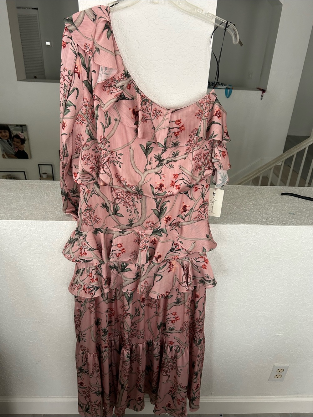 One-Shoulder Pink Floral Ruffle Midi Dress